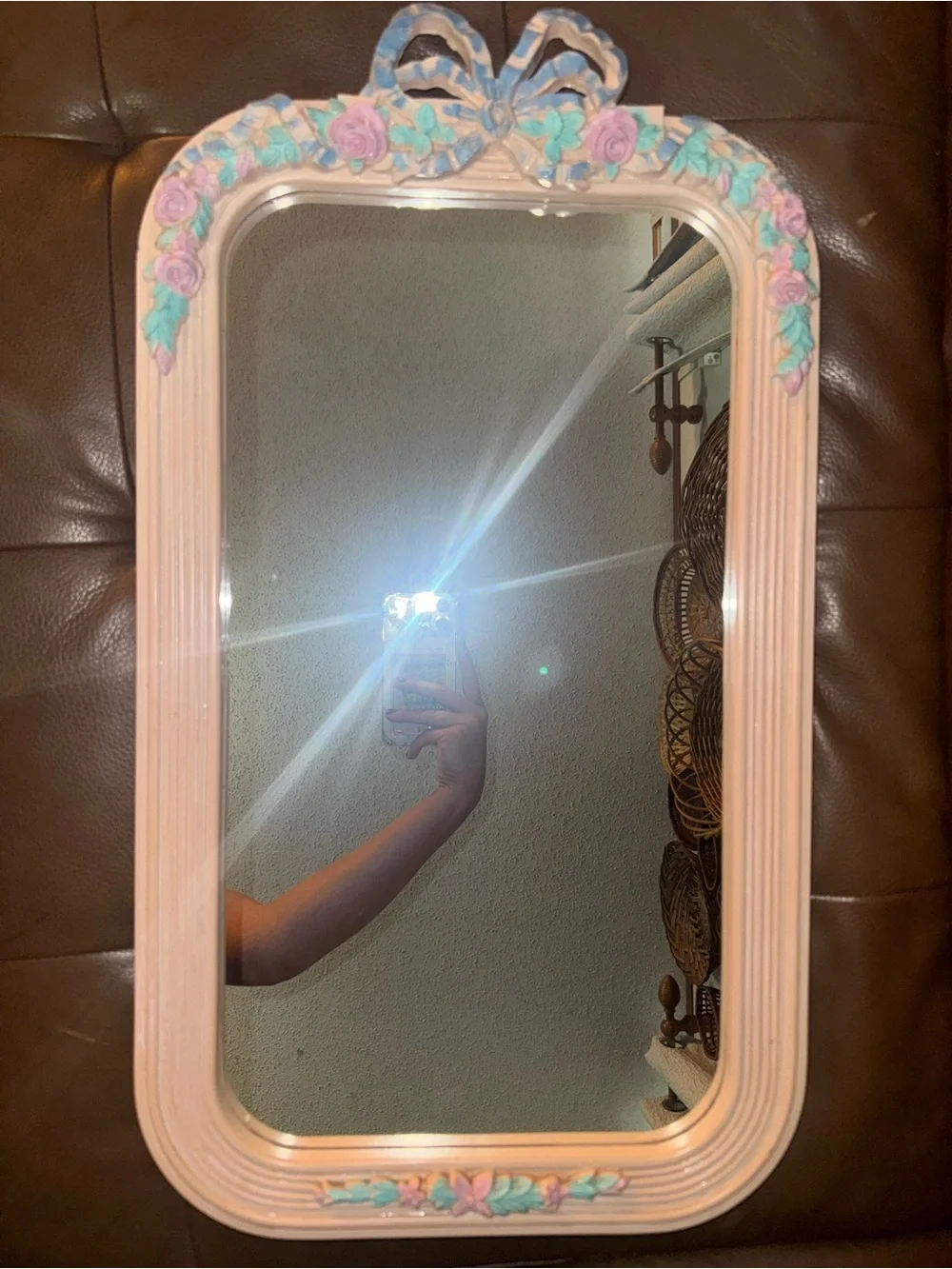 Vintage Pastel Pink Floral Bow Accent Wall Mirror